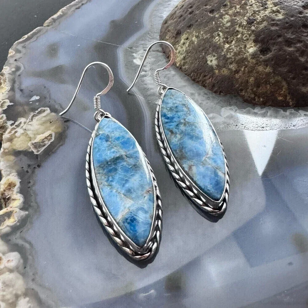 Sterling SW Style Elongated Marquise Blue Apatite Dangle Earrings For Women